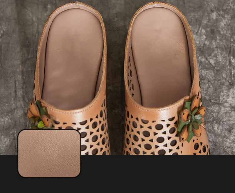 New Summer Thick Bottom Slope with High Heel Slippers Genuine Leather Sandals Flowers Hollow Women Shoes Fashion Sandals detail