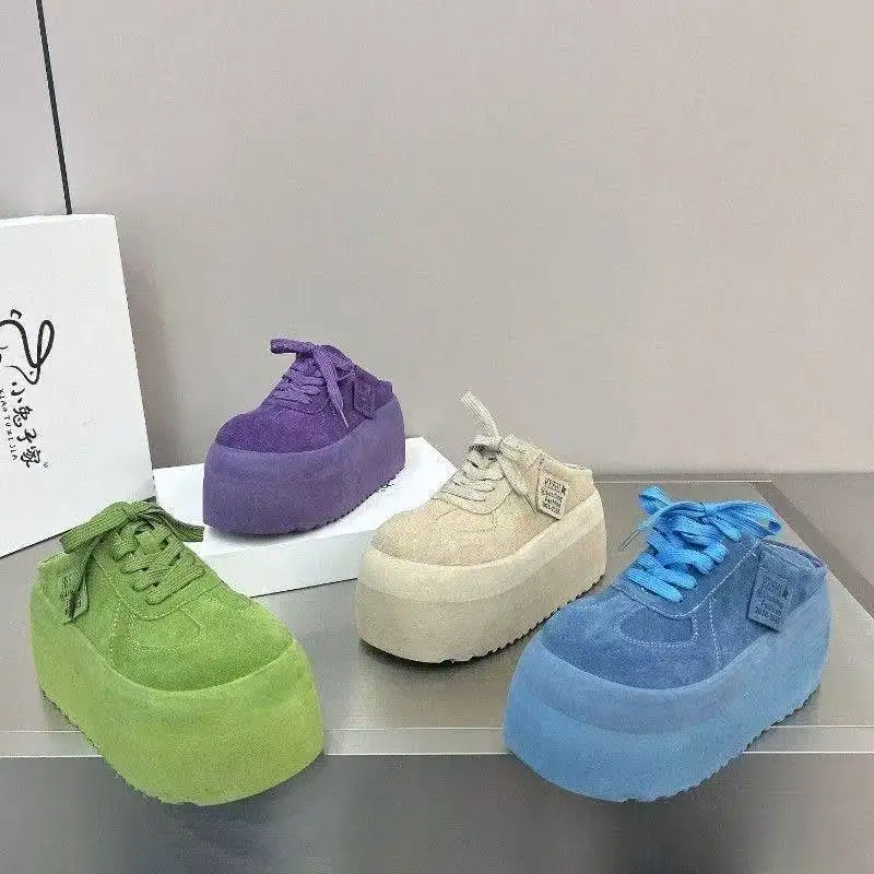 Thick Bottom Baotou Slippers New Round Head Deep Mouth Suede Lace Up Slope Heel Womens Shoes detail