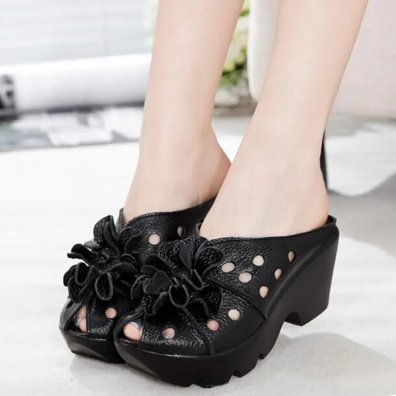 New Summer Thick Bottom Slope with High Heel Slippers Genuine Leather Sandals Flowers Hollow Women Shoes Fashion Sandals detail