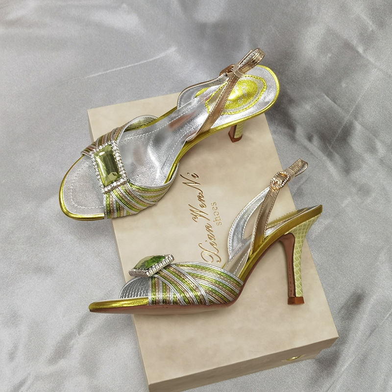 New Design Vintage Rhinestone Sandals for Women in the Summer Featuring a Fish Mouth and Color Blocked High Heels product view
