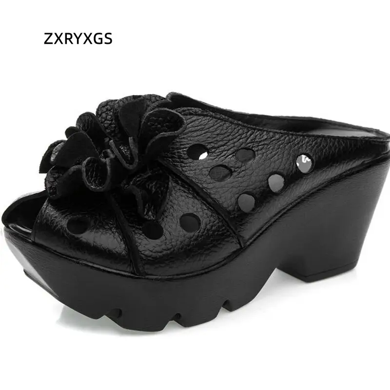 2026 New Summer Thick Bottom Slope with High Heel Slippers Genuine Leather Sandals Flowers Hollow Women Shoes Fashion Sandals