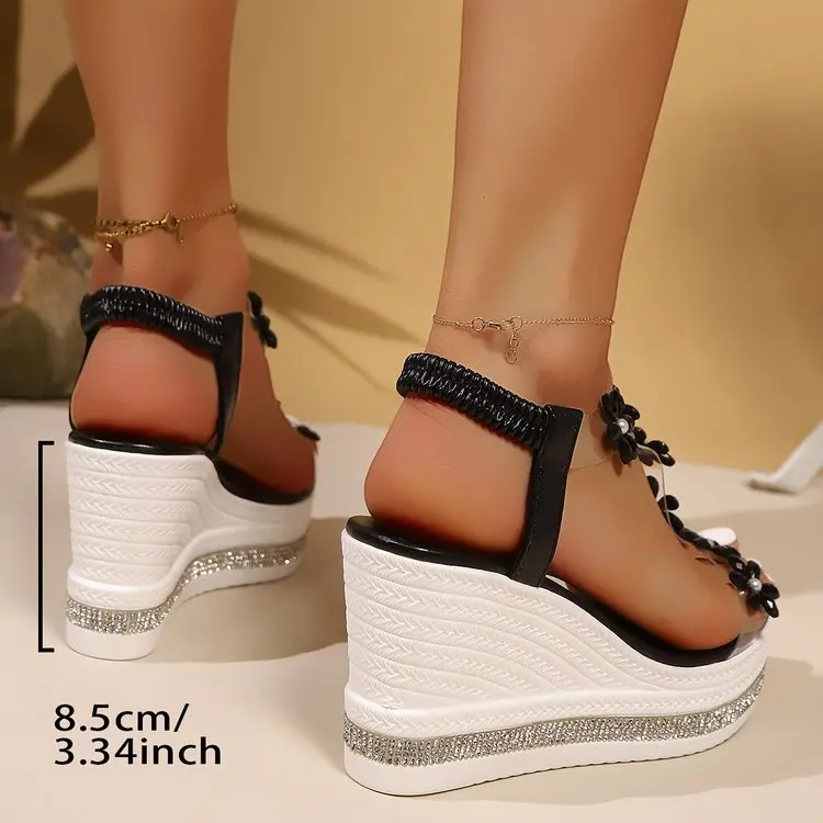 Womens Thick Heel Sandals Summer New Large Size Fashion Slope Heel Flower Rhinestone Fairy Beach Sandals Round Toe detail