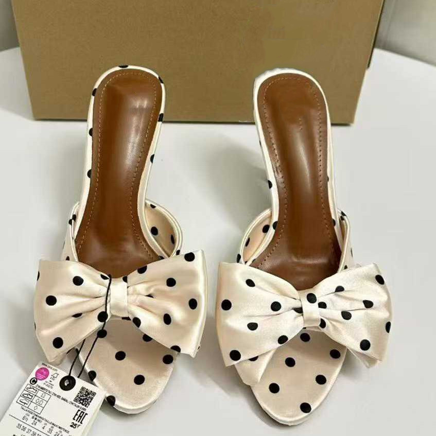 Womens Satin Bowknot Polka Dot Elegant Fashion Women Stiletto Heel Slide Sandals Beautiful Ladies High Heel Mules product view