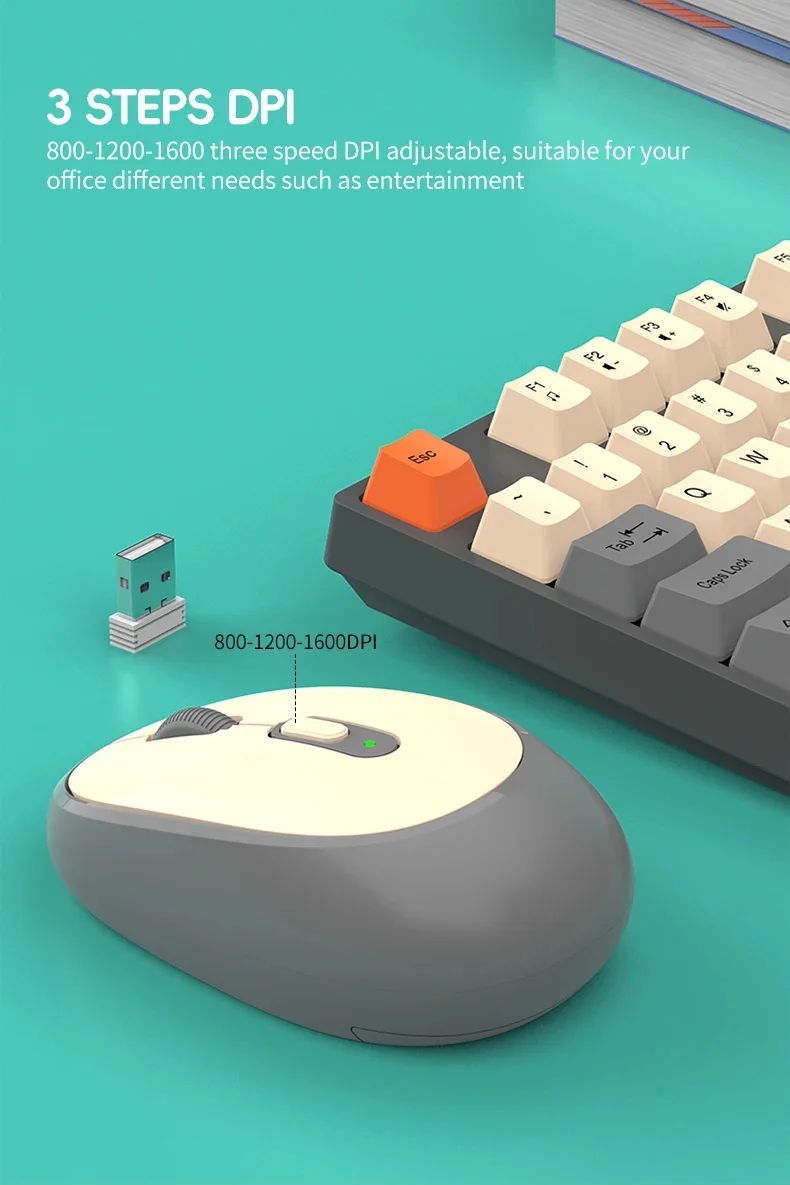 24G Wireless Office Keyboard Mouse Set104 Full Size TriColor Keycaps Ergonomic with 3 Adjustable DPI for PC Laptop detail