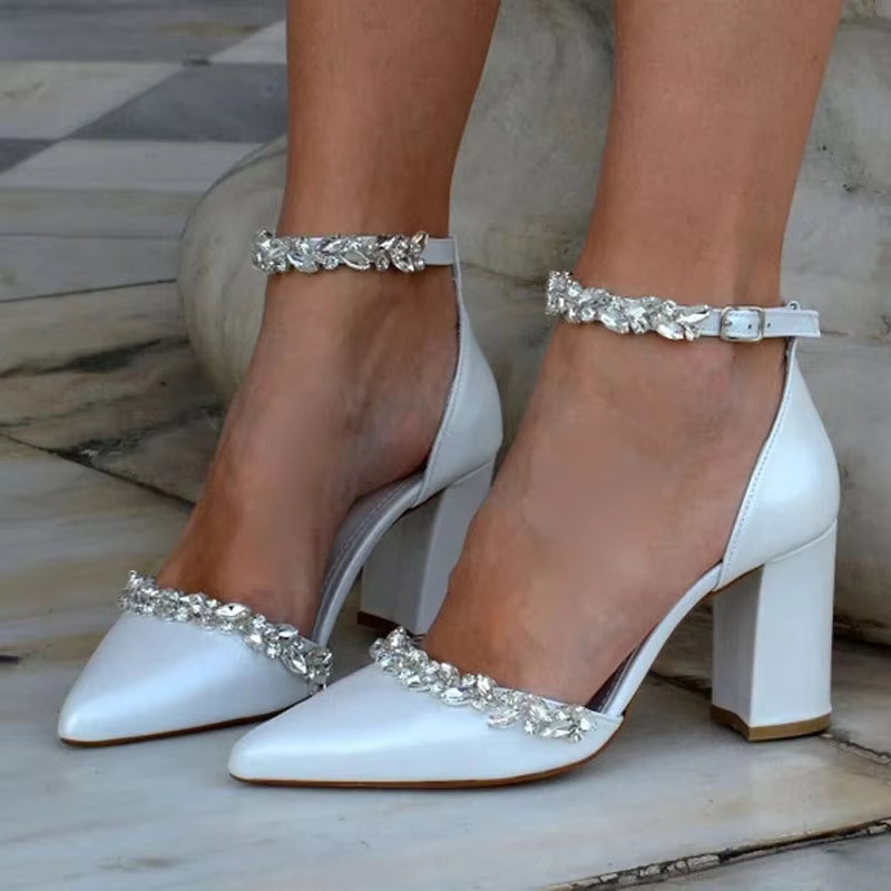 Women's Pearl Ankle Strap Pointed Toe Block Heels - Elegant White Bridal Wedding Dress Sandals