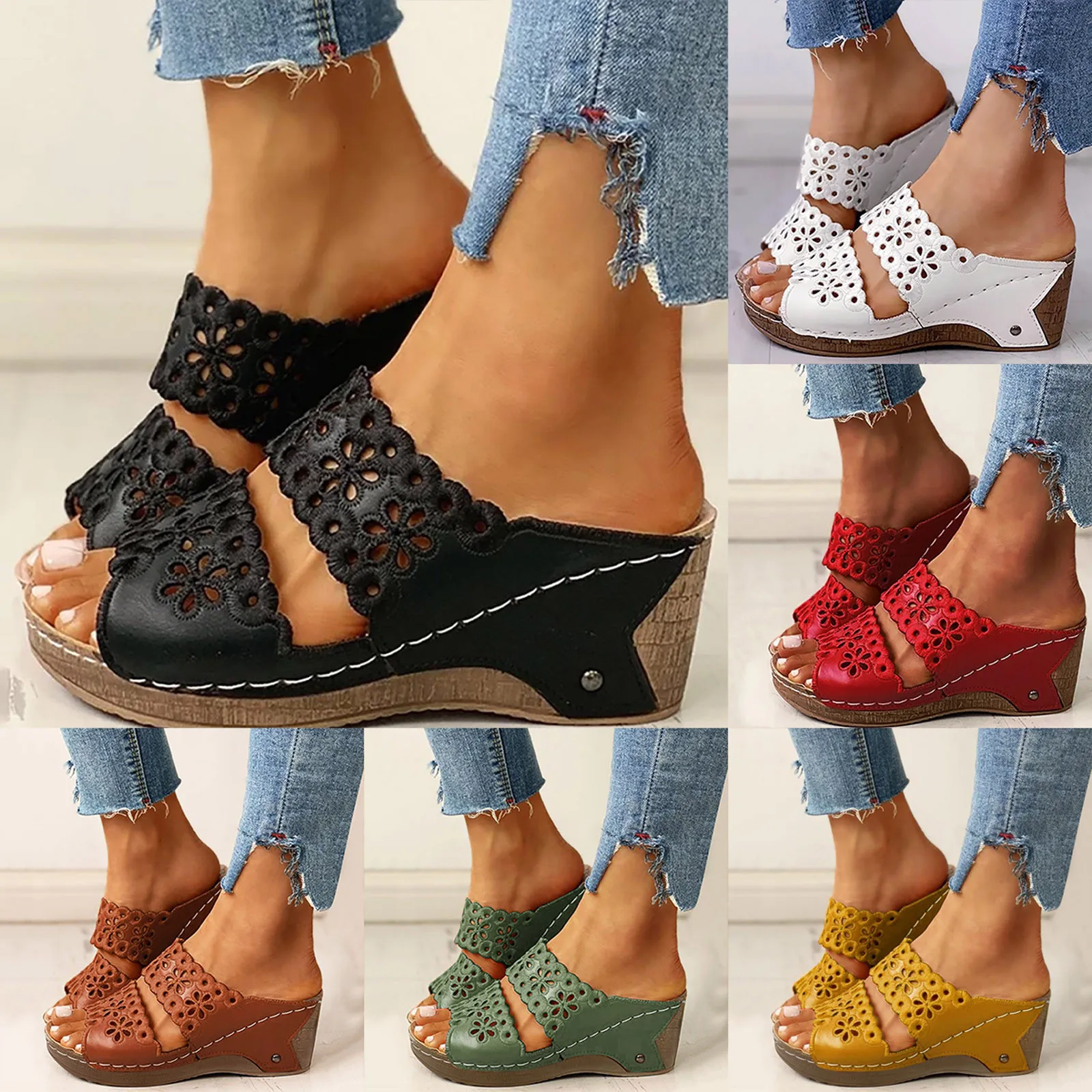 Casual Sandals Open Toe Wedges Women Solid Slip On Slope Heel Beach Shoes Slippers For Women Plus Size Breathable Summer Sandals detail