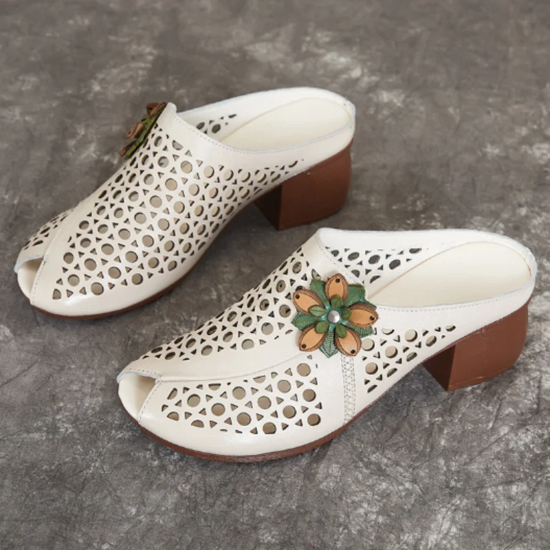 New Summer Thick Bottom Slope with High Heel Slippers Genuine Leather Sandals Flowers Hollow Women Shoes Fashion Sandals detail