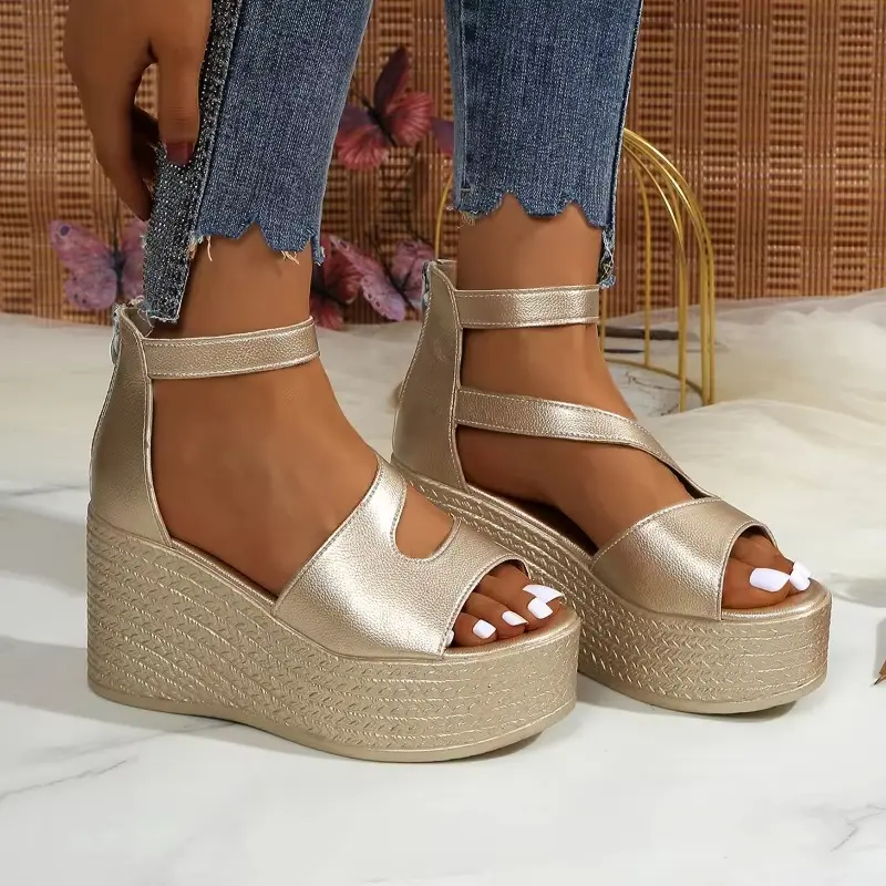 Slope Heel Sandals Summer Fashion Lightweight Thick Sole NonSlip High Heels Womens Shoes Back Zipper Leather Roman Shoes product view