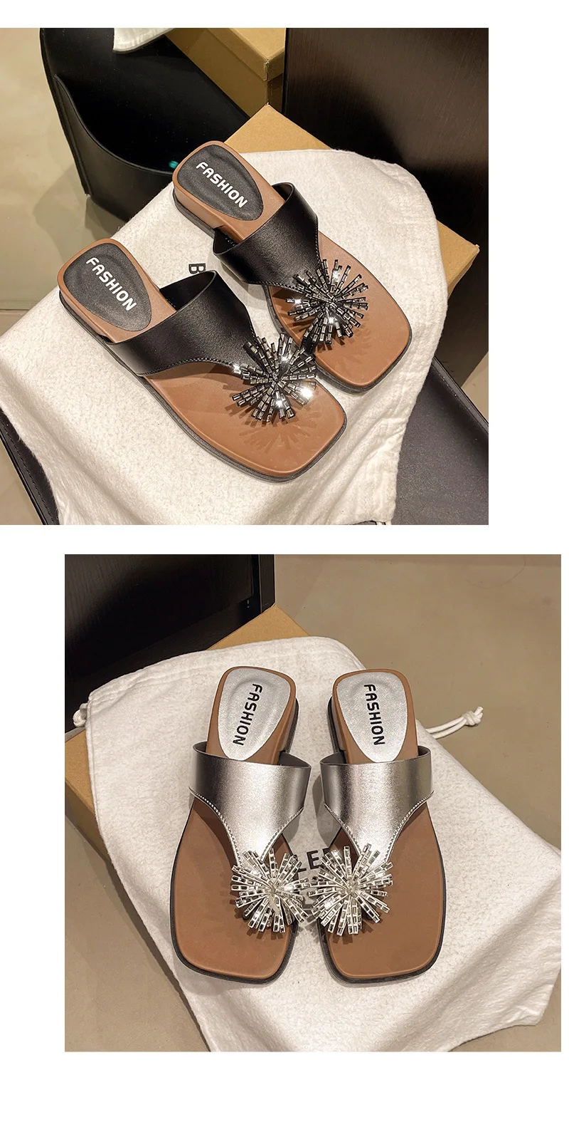 Fireworks rhinestone thick bottom slope heel women summer wear new heightening nonslip beach cover toe cool slippers detail