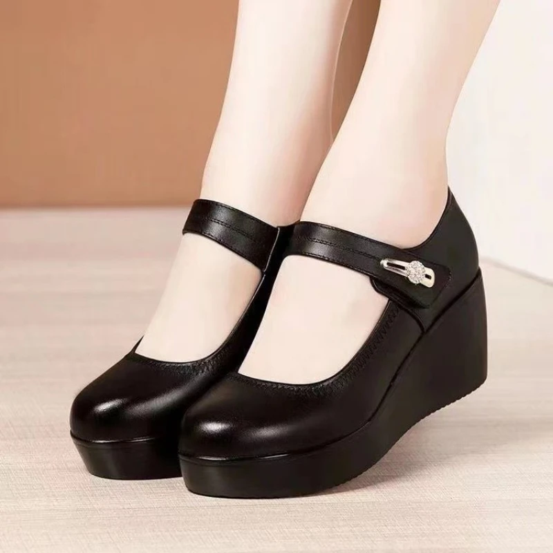 New Round toe Womens Shoes Casual Thick soled Spring Comfort Shoes Versatile high heels Slope heel ladies pumps Mujer Zapatos detail