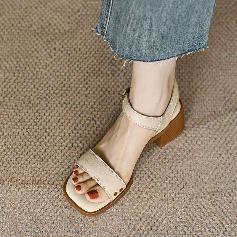 Vintage Chunky Heel Sandals Women Mid Heel Magic Strap Open Toe Backless Soft Leather Shoes product view