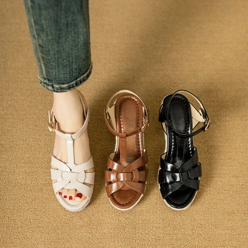 Womens New SpringSummer Square Headed Open Toe Real Leather Weaving Slope Heel High Heel Cross Roman Sandals detail