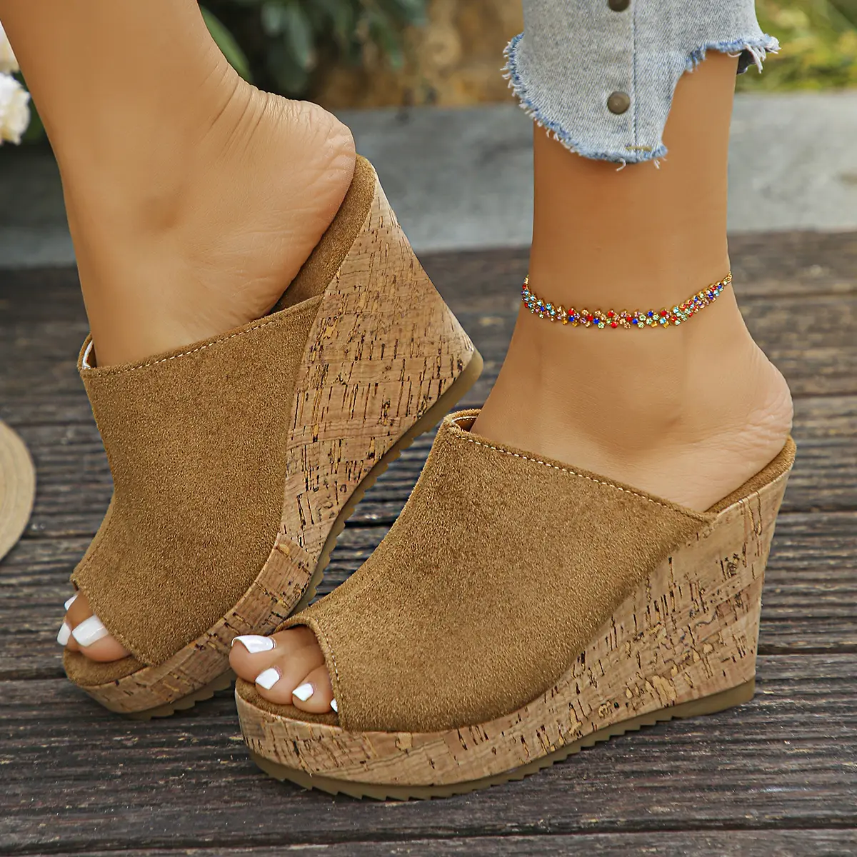 Fashion Fish Mouth Fashion Show Slope Heel Slippers Summer New Round Head Comfortable Elegant Sexy Casual Slippers Womens product view