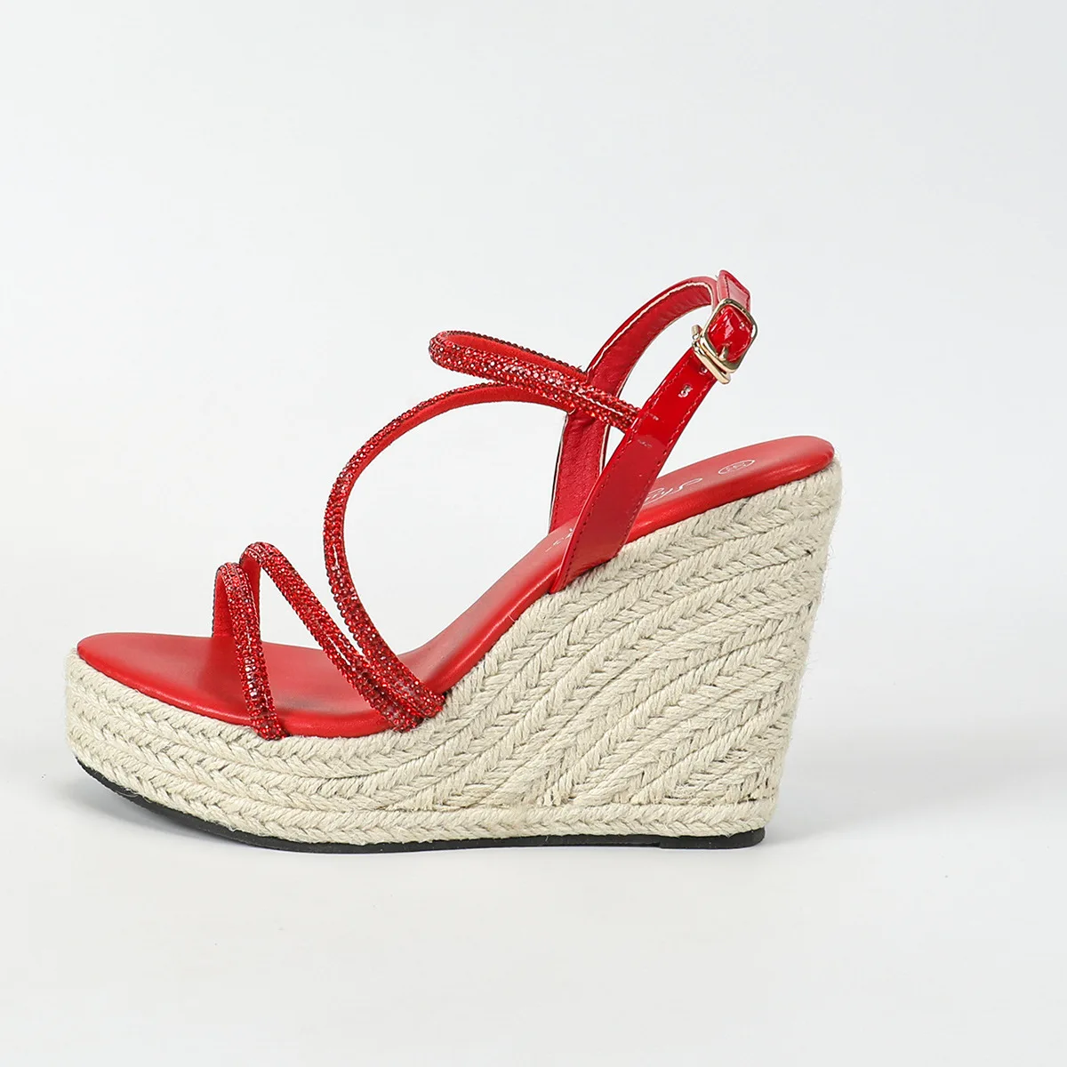 Womens Platform Sandals Sexy Straw Hemp Rope Simple 105cm Slope Heel Waterproof Trolley Model Rhinestone Shoes LFD1 detail