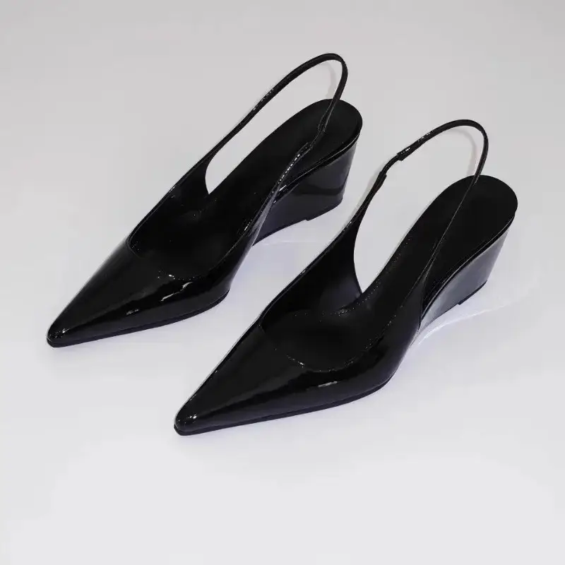 New Shallow Mouth Pointed Toe Single Shoes Women Wear Soft Leather Temperament Wedge Heel Baotou Sandals in Summer