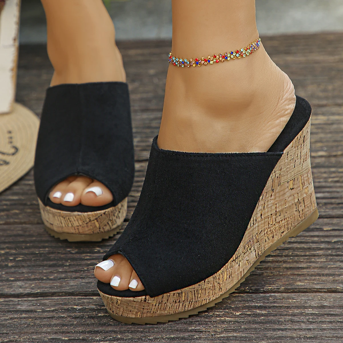 Fashion Fish Mouth Fashion Show Slope Heel Slippers Summer New Round Head Comfortable Elegant Sexy Casual Slippers Womens detail