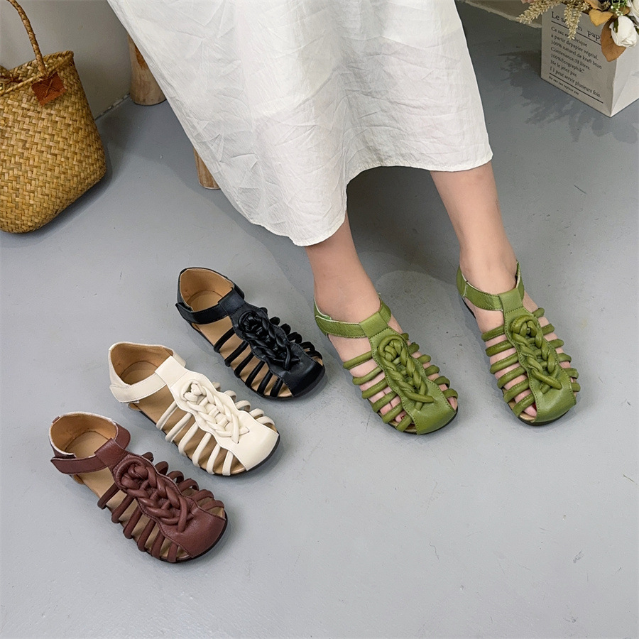 New Summer Outdoor-wear Handmade Woven-toe Womens Sandals Genuine Leather Soft Sole Vintage Roman Velcro square Head