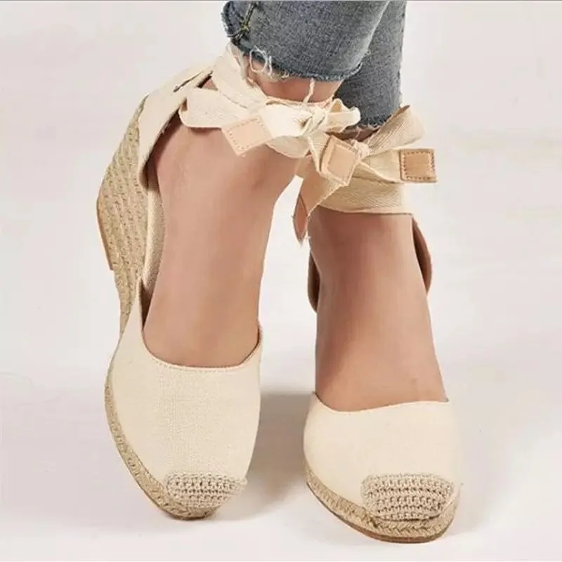 New Large Slope Heel Womens Sandals Thick Bottom Baotou Bag with Foot Ring Strap Cloth Surface Hemp Rope Sandals for Women detail