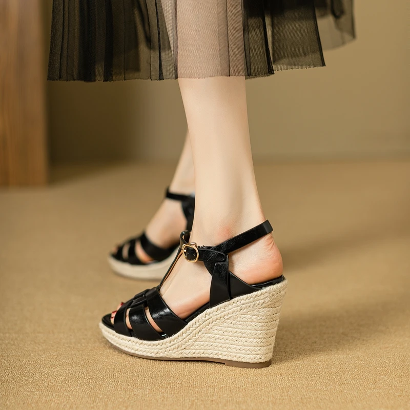 Womens New SpringSummer Square Headed Open Toe Real Leather Weaving Slope Heel High Heel Cross Roman Sandals detail