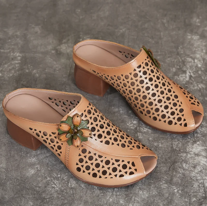 New Summer Thick Bottom Slope with High Heel Slippers Genuine Leather Sandals Flowers Hollow Women Shoes Fashion Sandals detail