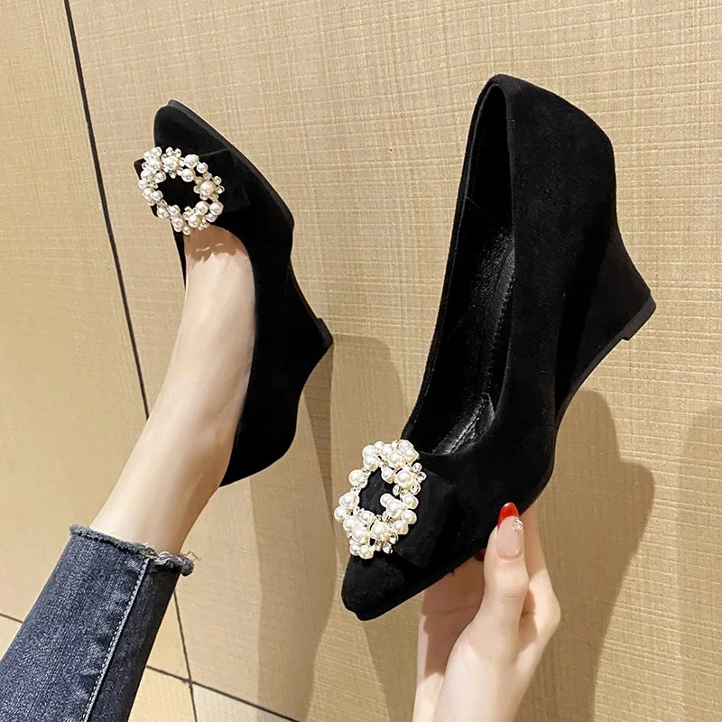 Slope Heel Fashion Shoes Women Spring New Water Diamond Pointed Shallow Mouth Soft Sexy High Heels Women Black Retro Footwear 43 detail