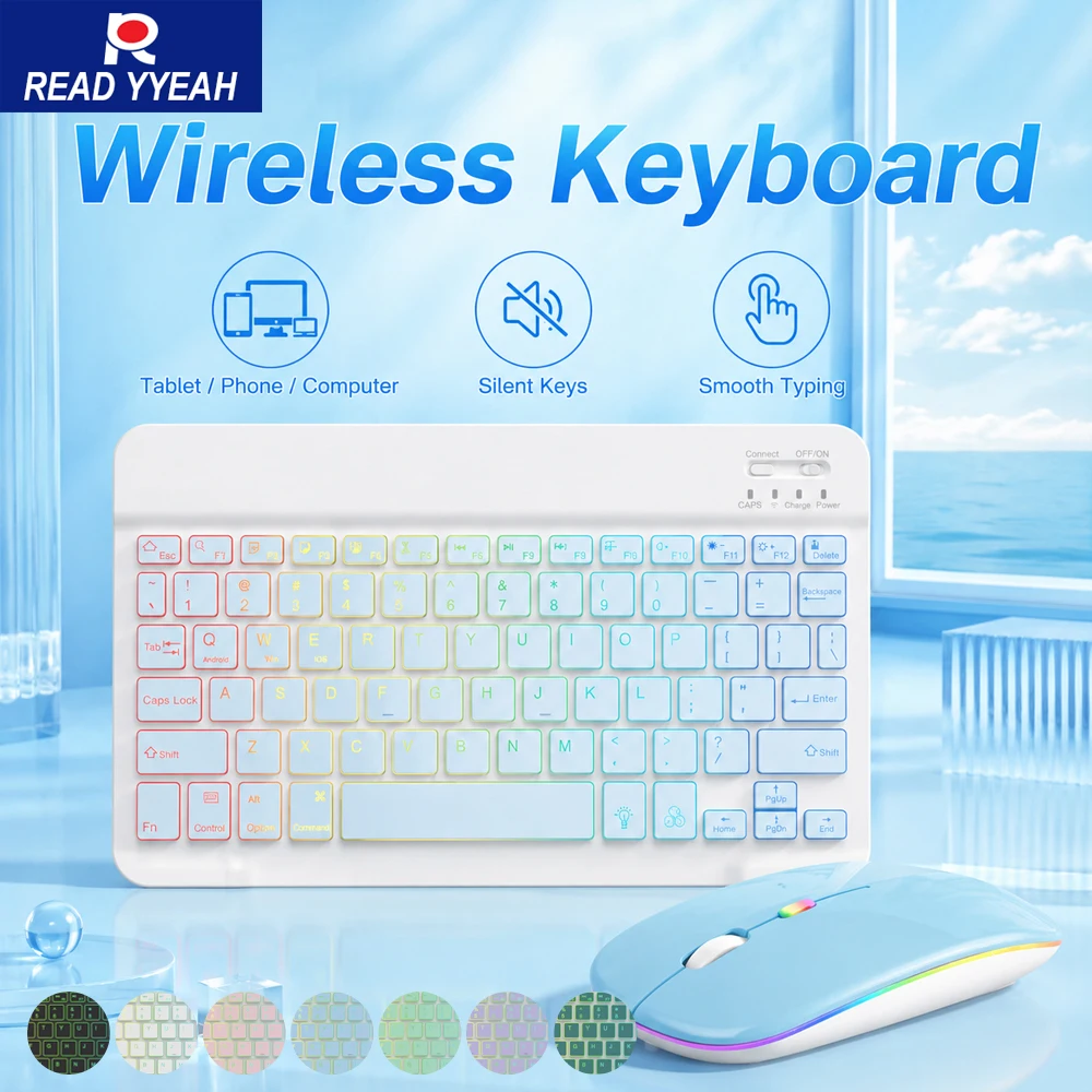 New Slim 7 Color Backlit Bluetooth Keyboard Mouse ComboRechargeable MultiLanguage for Tablet Phone detail