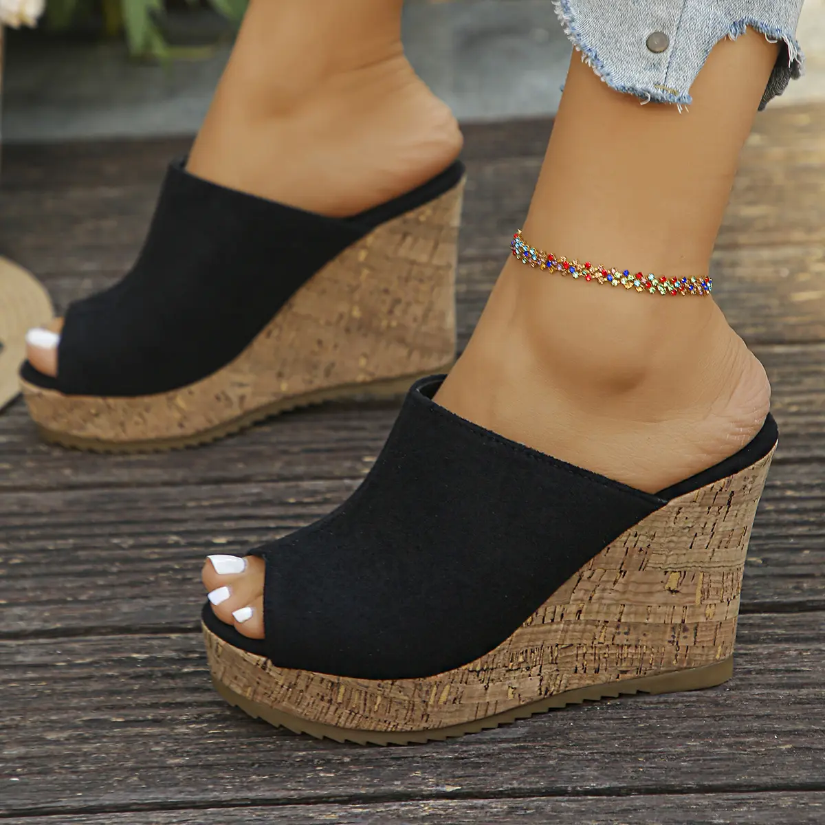 Fashion Fish Mouth Fashion Show Slope Heel Slippers Summer New Round Head Comfortable Elegant Sexy Casual Slippers Womens product view