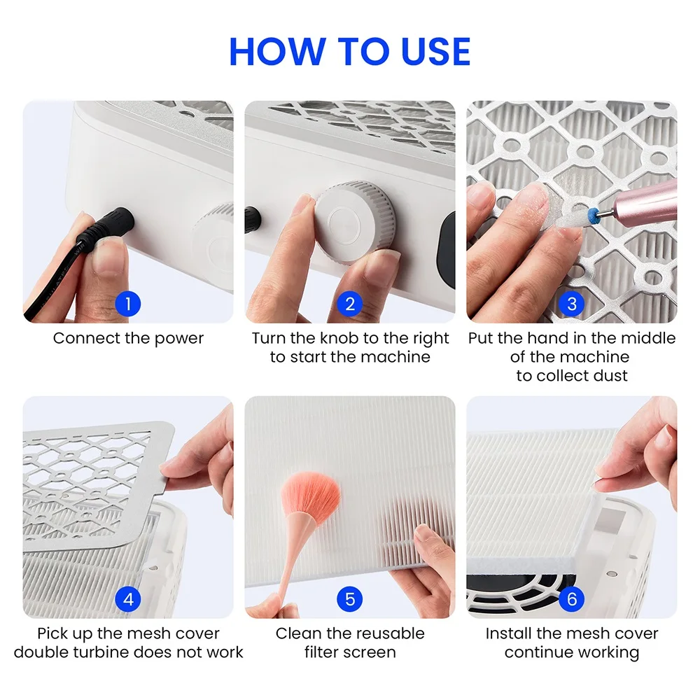 25002800300033003500rpm Speed Adjustable Brushless Nail Dust Extractor Powerful Twin Turbo Vacuum Nail Dust Collector detail