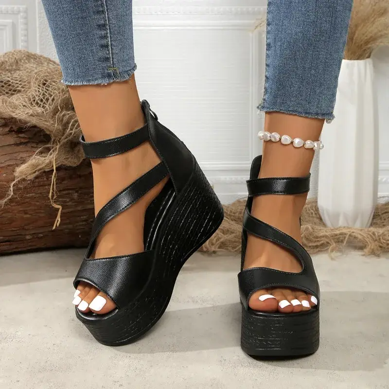 Slope Heel Sandals Summer Fashion Lightweight Thick Sole NonSlip High Heels Womens Shoes Back Zipper Leather Roman Shoes product view