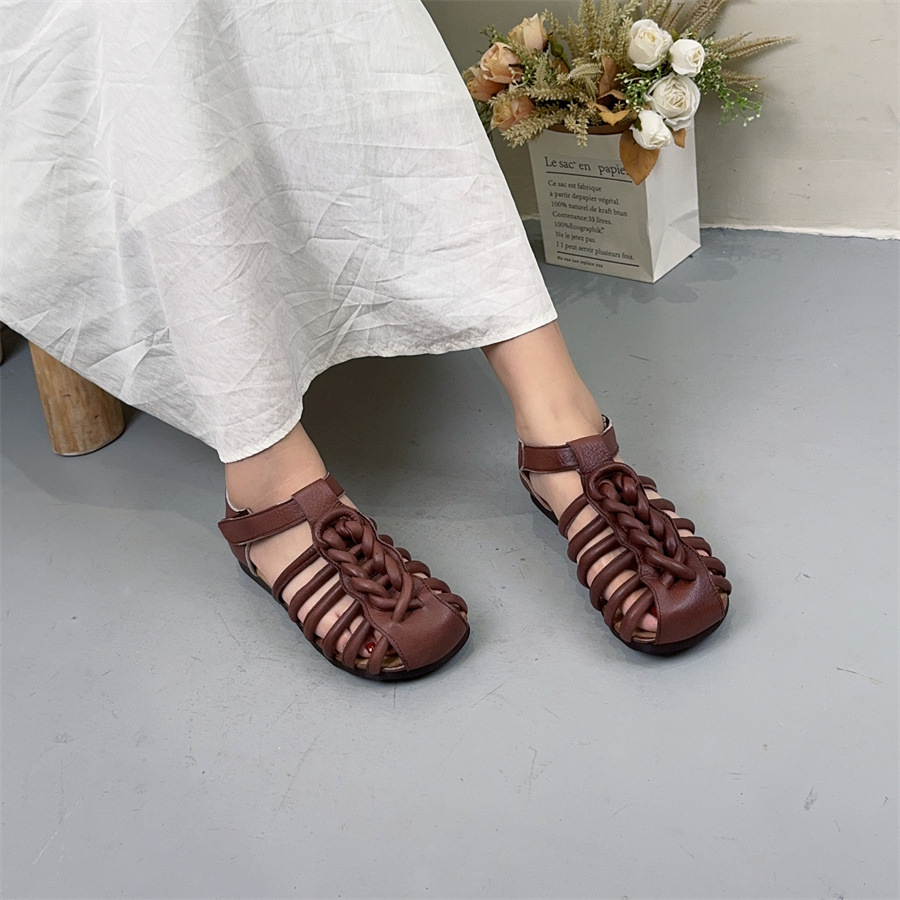 New Summer Outdoorwear Handmade Woventoe Womens Sandals Genuine Leather Soft Sole Vintage Roman Velcro square Head detail