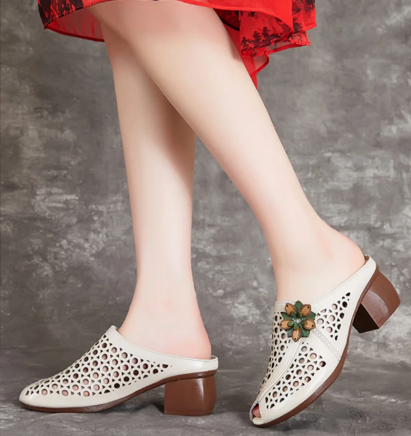 New Summer Thick Bottom Slope with High Heel Slippers Genuine Leather Sandals Flowers Hollow Women Shoes Fashion Sandals detail