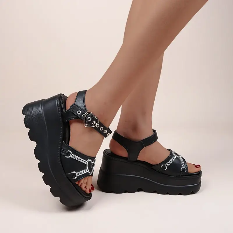 3543 Plus Size Fashion Slope Heel Women Sandals Metal Chain Decoration Female Buckle Platform Shoes Womens Sandals Tide Shoes product view