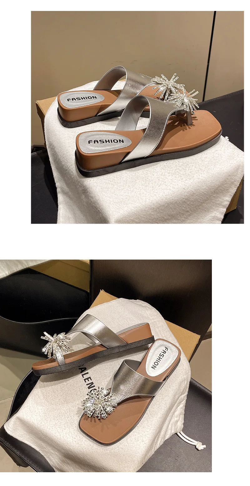 Fireworks rhinestone thick bottom slope heel women summer wear new heightening nonslip beach cover toe cool slippers detail