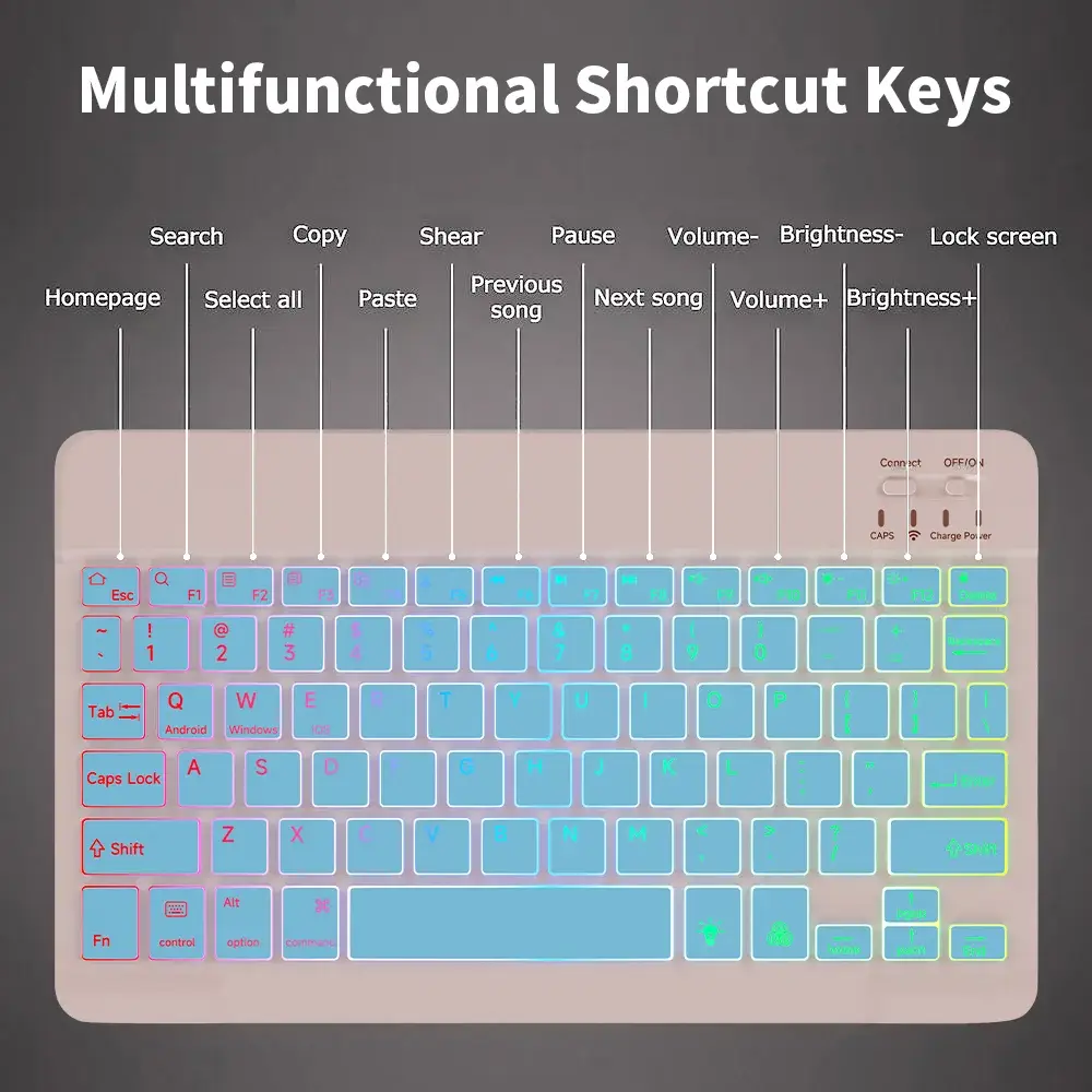 New Slim 7 Color Backlit Bluetooth Keyboard Mouse ComboRechargeable MultiLanguage for Tablet Phone product view