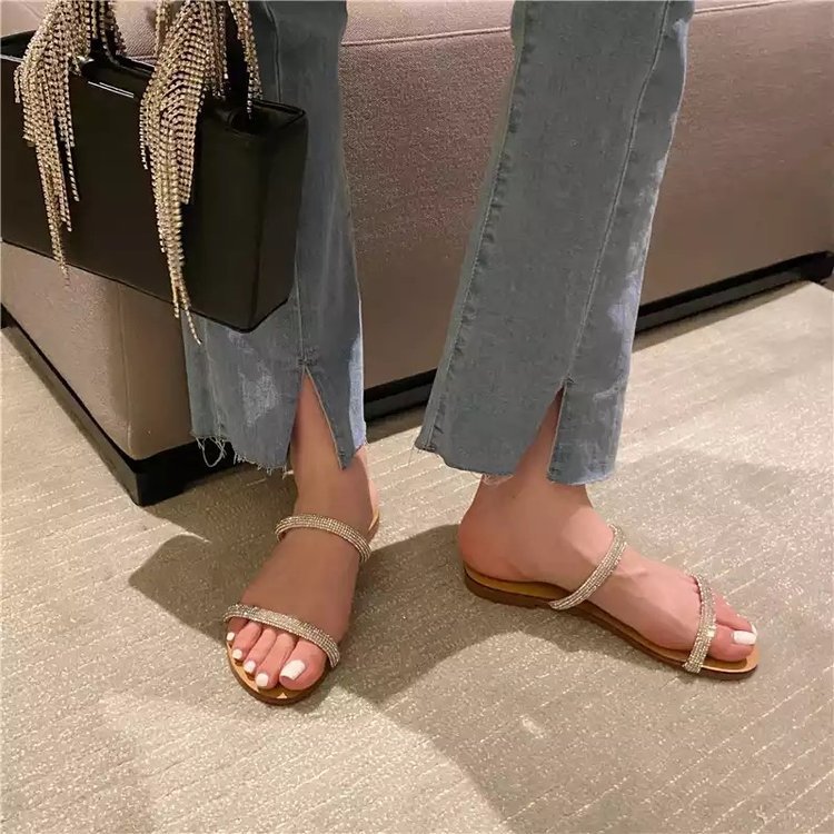 Womans Sandals New Bling Rhinestones Flat Cross Sparkle Diamond Sandalias Planas Ladies Flats Slides Shoes Summer detail