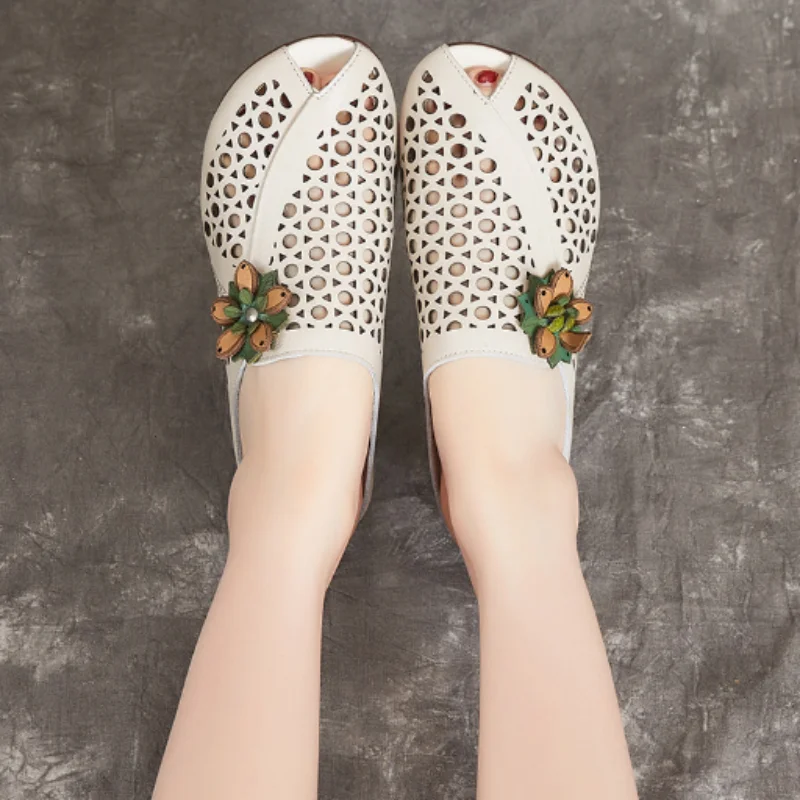 New Summer Thick Bottom Slope with High Heel Slippers Genuine Leather Sandals Flowers Hollow Women Shoes Fashion Sandals detail