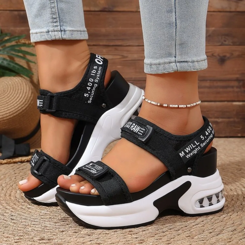 Summer New Women Sport Sandals Fashion Slope Elevated Platform Shoes Girls Outdoor Leisure High Heeled Fish Mouth Sandals detail