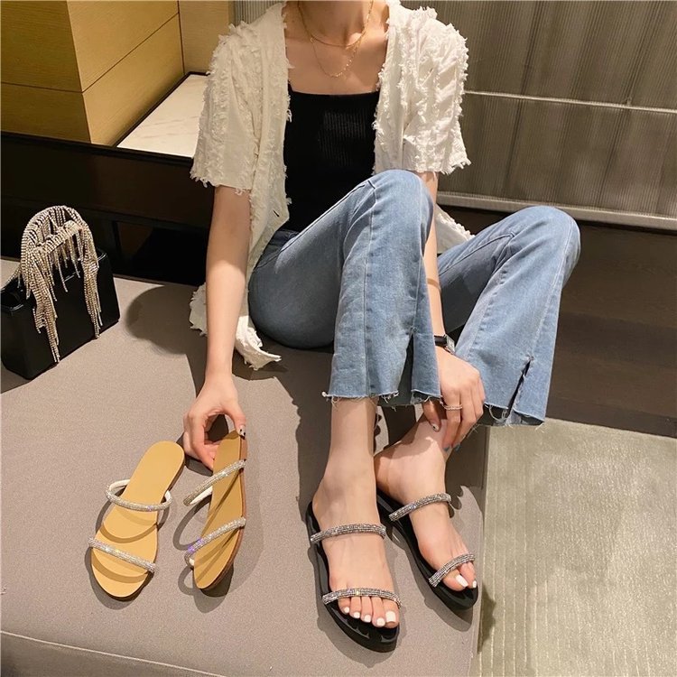 Womans Sandals New Bling Rhinestones Flat Cross Sparkle Diamond Sandalias Planas Ladies Flats Slides Shoes Summer detail