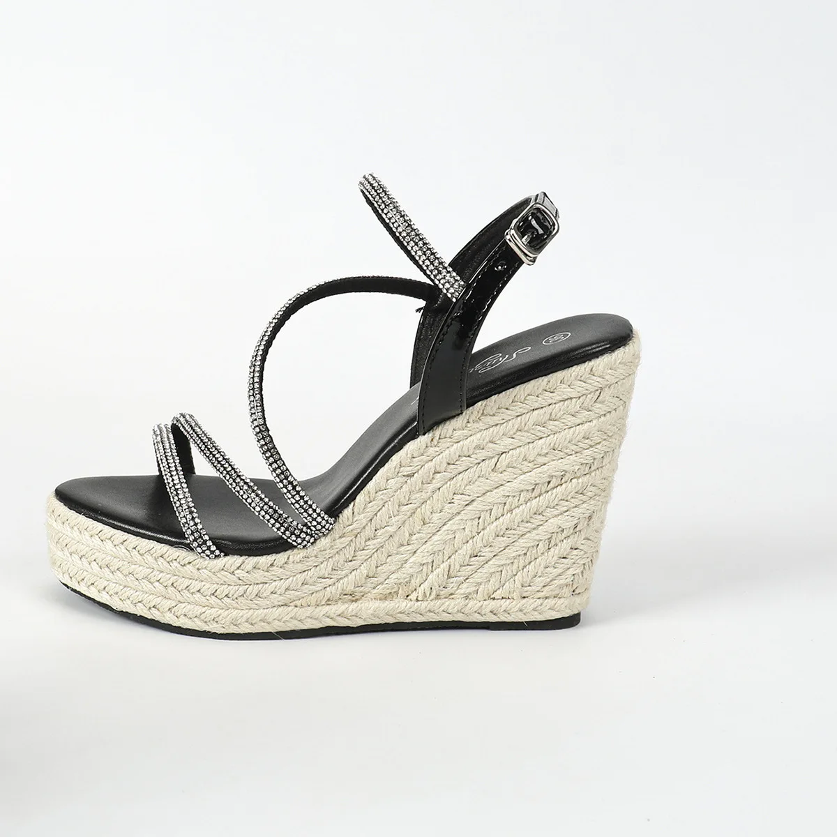 Womens Platform Sandals Sexy Straw Hemp Rope Simple 105cm Slope Heel Waterproof Trolley Model Rhinestone Shoes LFD1 detail