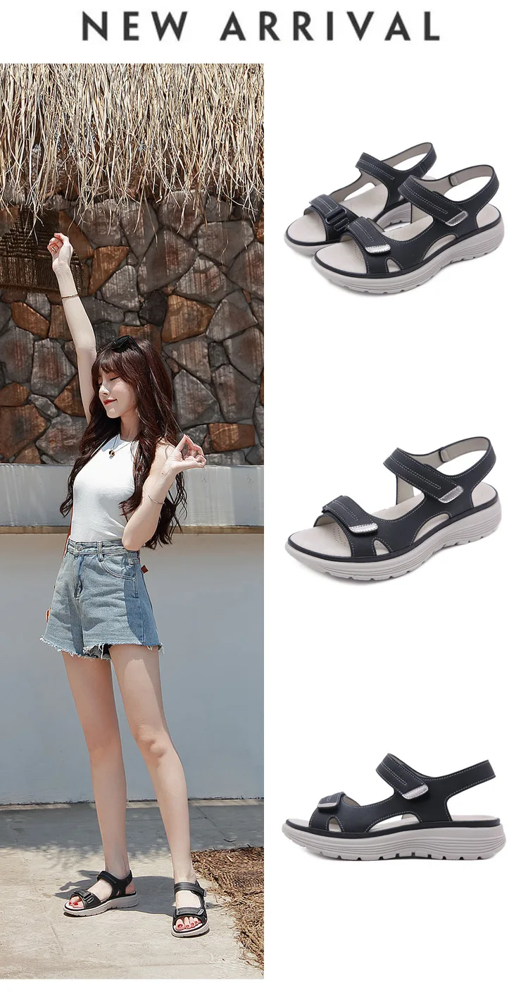 Summer New Genuine Leather Dance Womens Sports Style Slope Heel Lightweight Large Slippers Women Sandals for Men detail