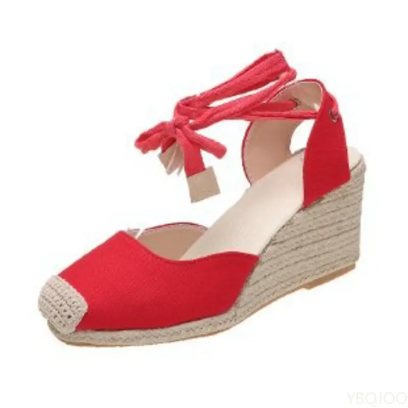 New Large Slope Heel Womens Sandals Thick Bottom Baotou Bag with Foot Ring Strap Cloth Surface Hemp Rope Sandals for Women product view