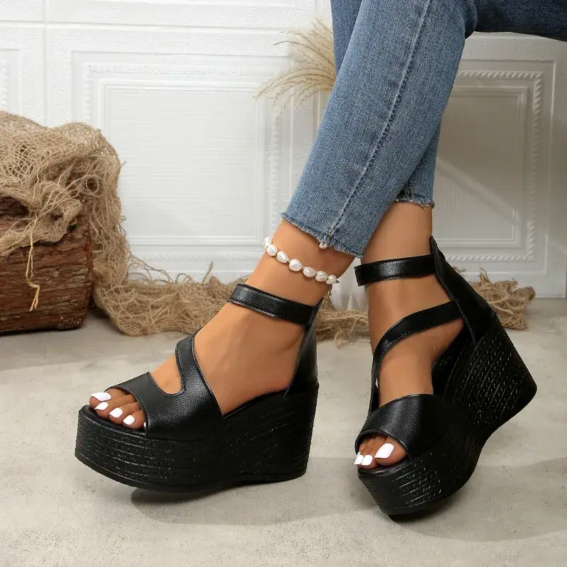 Slope Heel Sandals Summer Fashion Lightweight Thick Sole NonSlip High Heels Womens Shoes Back Zipper Leather Roman Shoes product view