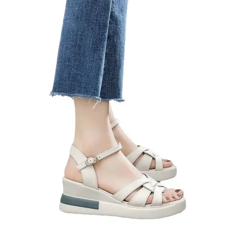 Summer NewWomens Sandals Casual Retro Hollow Button Sandals Womens Opentoe Sandals Fashion Comfortable Slope Heel Sandal product view