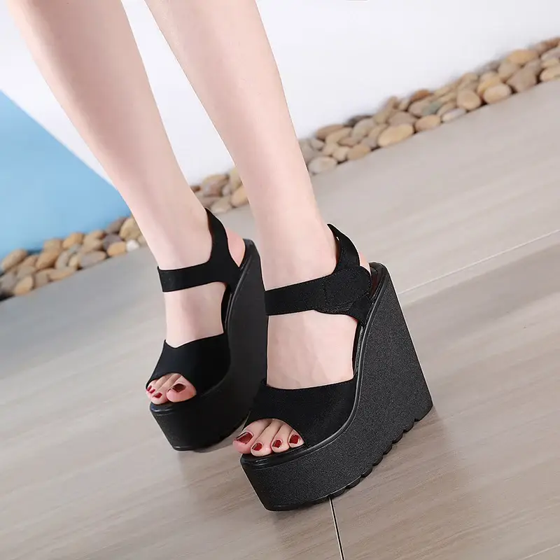 Summer Straps Roman Shoes Sexy Trendy FishBeak Womens Shoes Muffin Thick Inside Raise 15CM Slope Heel Sandals product view