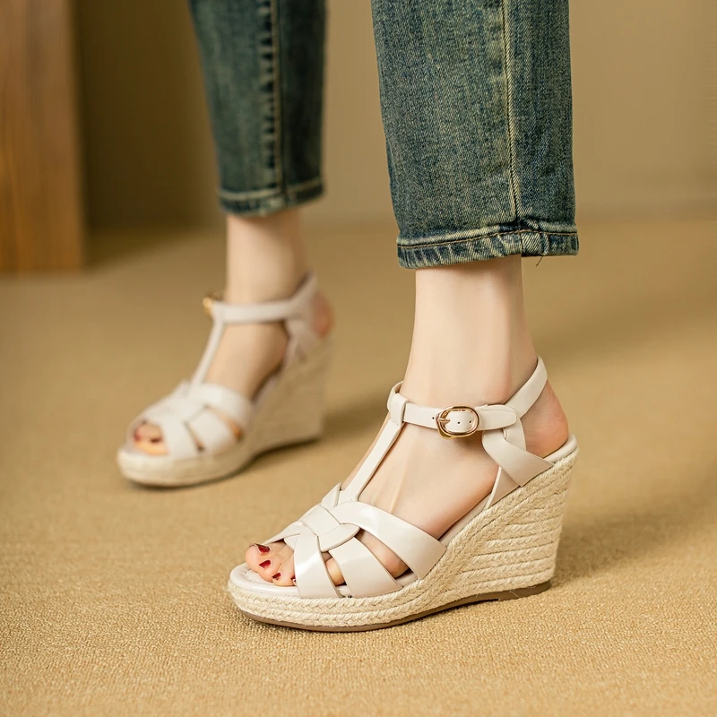 Womens New SpringSummer Square Headed Open Toe Real Leather Weaving Slope Heel High Heel Cross Roman Sandals detail