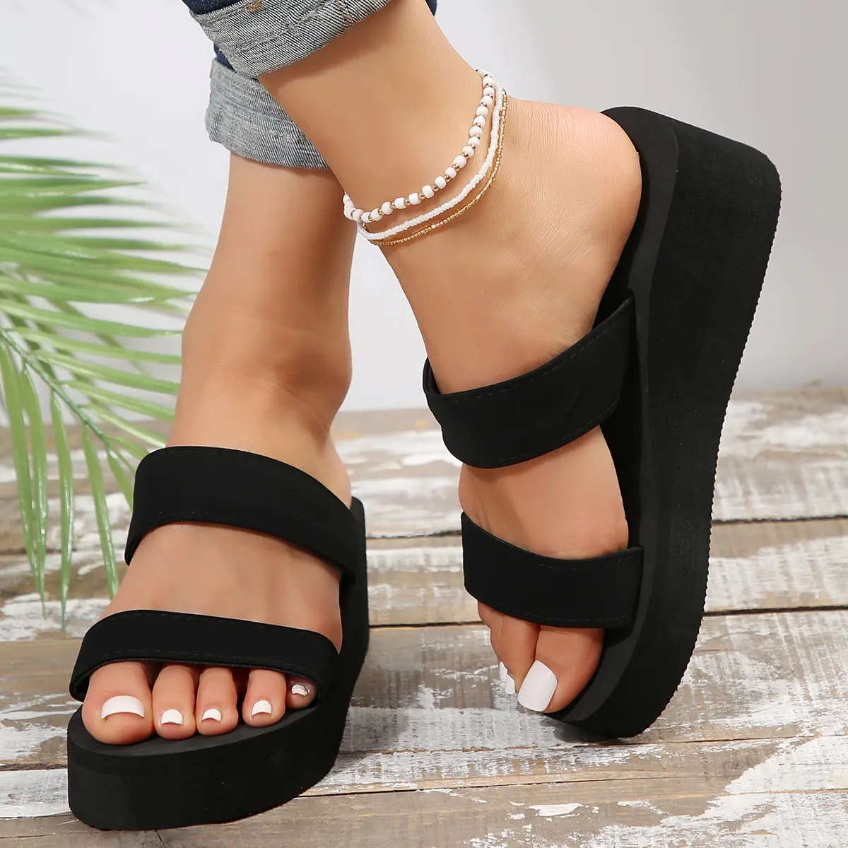 EVA Women Summer Fashion Casual Outer Wear High-heeled Flip-flops Ins Trendy Non-slip Slope Heel Seaside Beach Sandal 2142