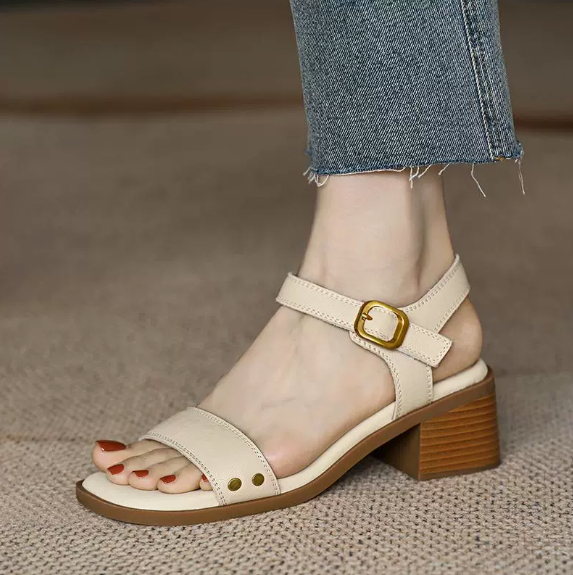 Vintage Chunky Heel Sandals Women Mid Heel Magic Strap Open Toe Backless Soft Leather Shoes detail