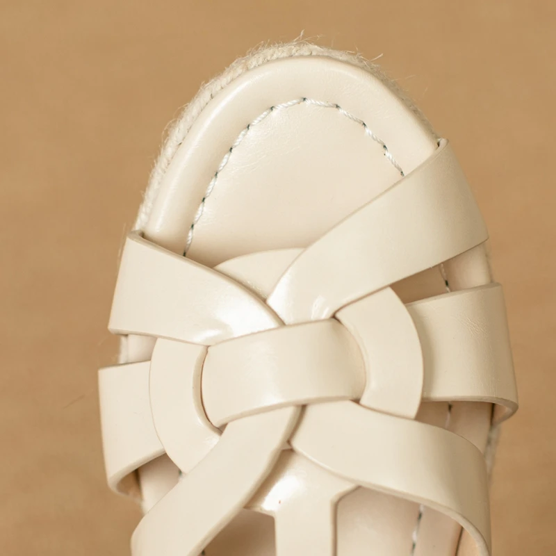 Womens New SpringSummer Square Headed Open Toe Real Leather Weaving Slope Heel High Heel Cross Roman Sandals detail