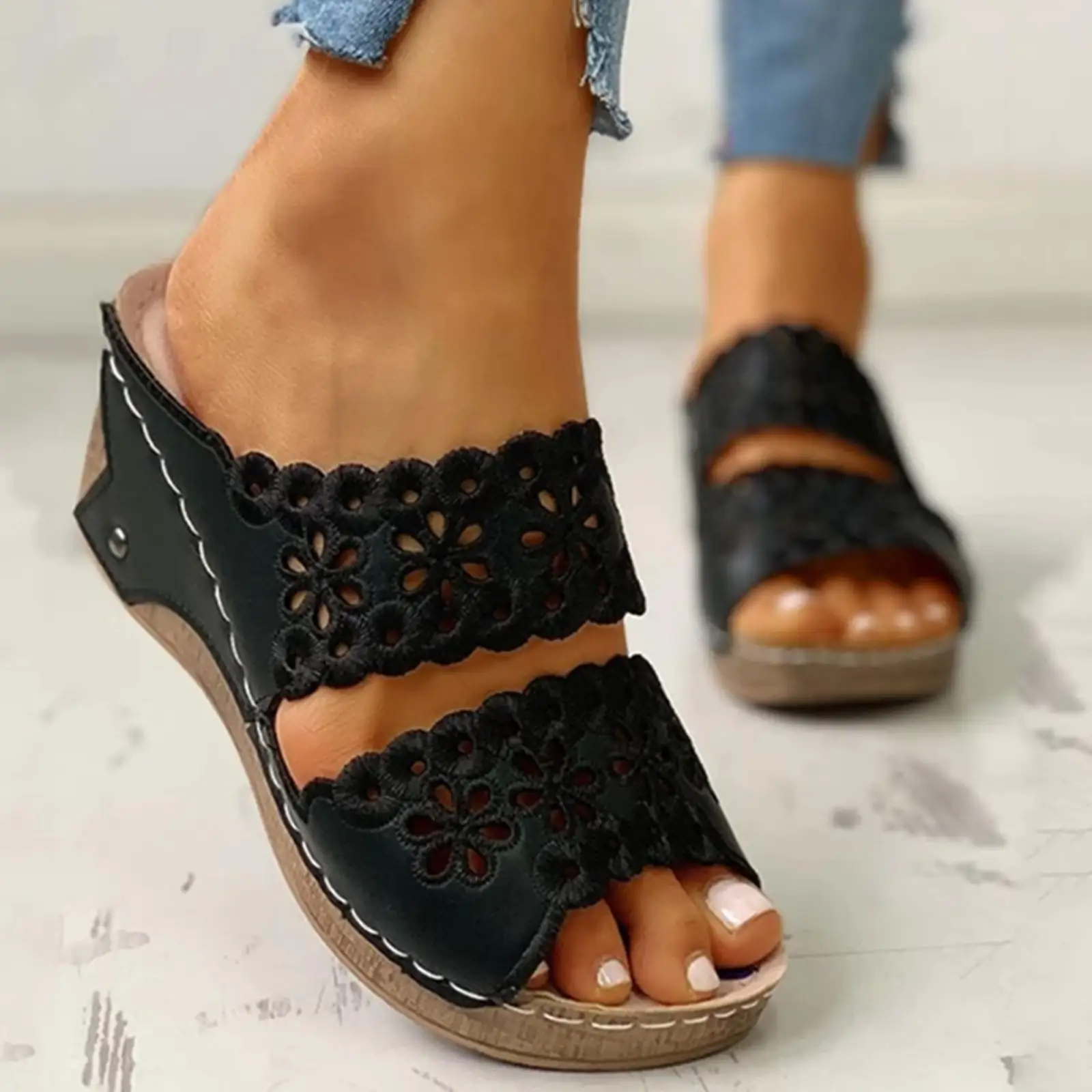 Casual Sandals Open Toe Wedges Women Solid Slip On Slope Heel Beach Shoes Slippers For Women Plus Size Breathable Summer Sandals
