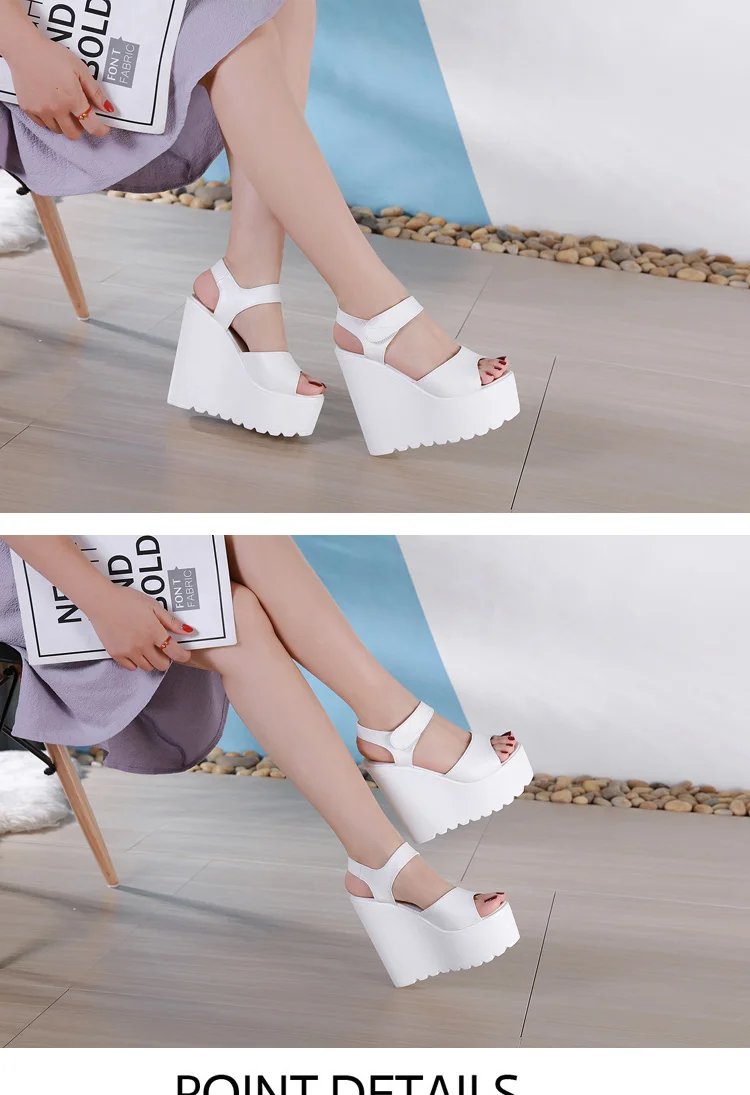 Summer Straps Roman Shoes Sexy Trendy FishBeak Womens Shoes Muffin Thick Inside Raise 15CM Slope Heel Sandals detail